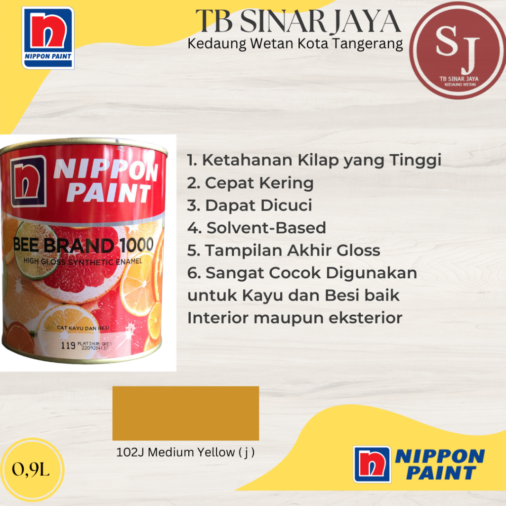 Cat Kayu dan Besi BEE BRAND 1000 Nippon Paint Cat Minyak 0.9L - 102J Medium Yellow  ( J )