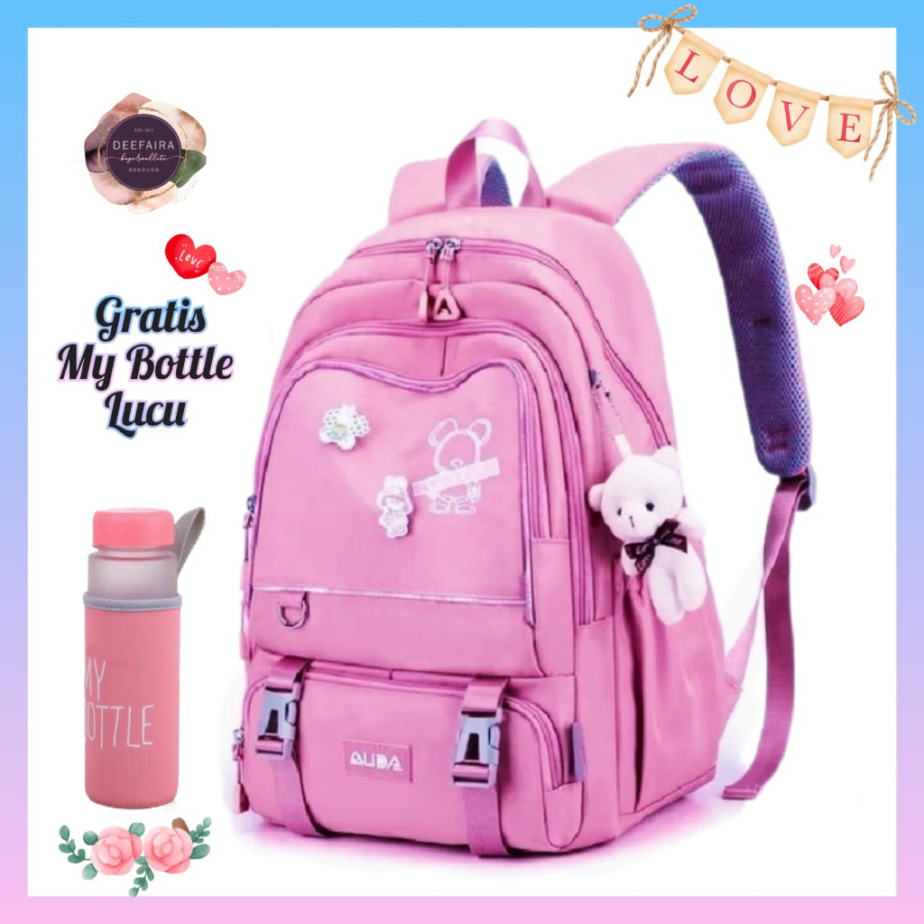 Tas Sekolah Ransel Anak Perempuan Untuk Sd Smp Model Bear VI Kecil Gratis Botol Munum Lucu