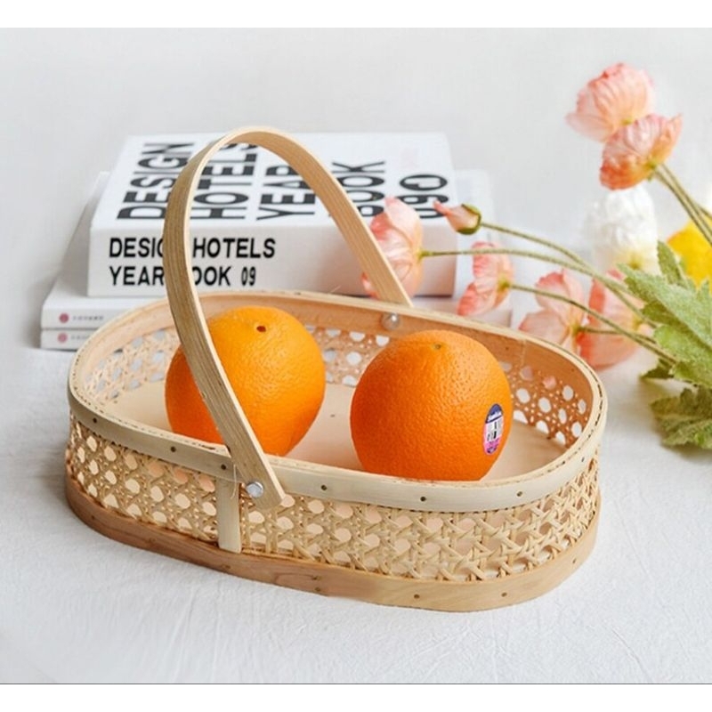 tray oval handle rotan webbing diameter 27/keranjang rotan webbing