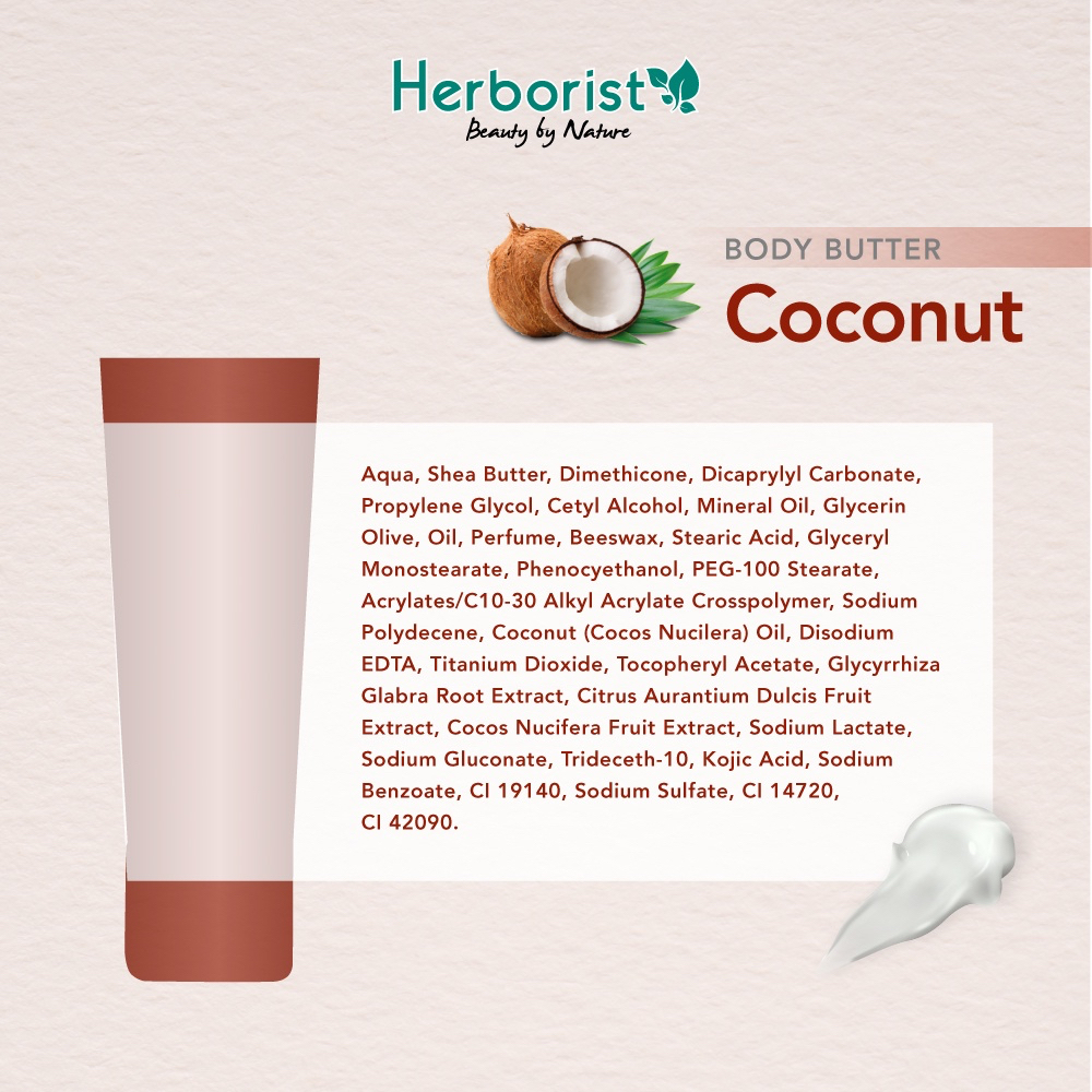 HERBORIST Body Butter Coconut Indonesia / 80g / With Shea Butter / Deep Moisturizing &amp; Nourishing Dry Skin / Melembabkan Mencerahkan Menutrisi / Strawberry Sorbet Frangipani Chocolate Zaitun Matcha Milk Mango Banana / Skincare Care Lotion Gel Scrub Tubuh