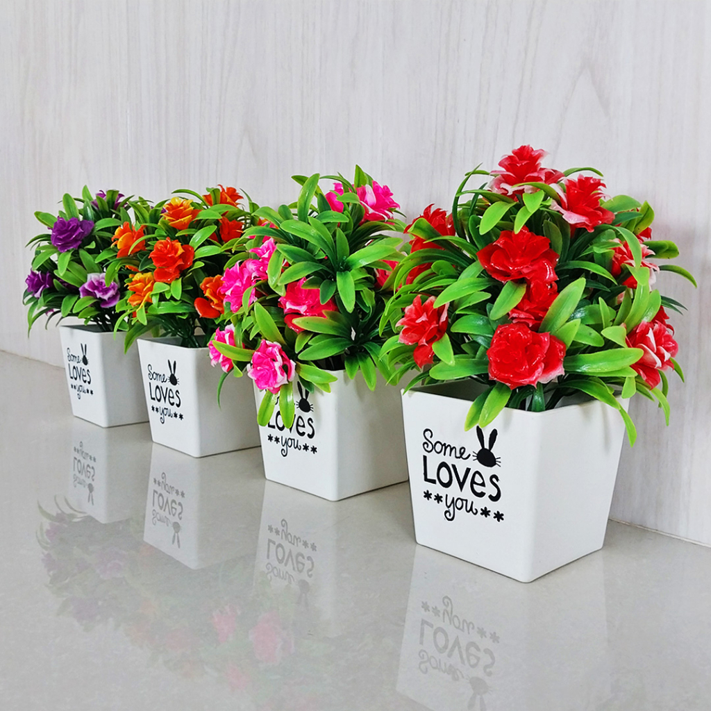 Bunga Hias Plastik Ornamen Tanaman Bunga Hias Palsu Dekorasi Rumah Artificial Flowers Pot Bunga Mawar Hias PBP12