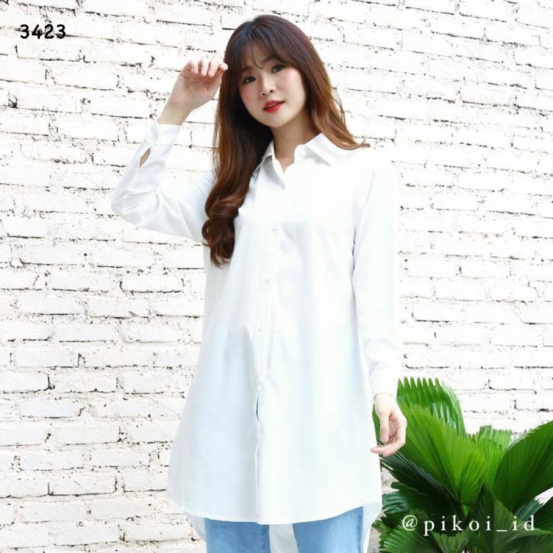 Kemeja panjang putih kerah lengan panjang / long shirt white basic / Tunik putih lengan panjang 3423