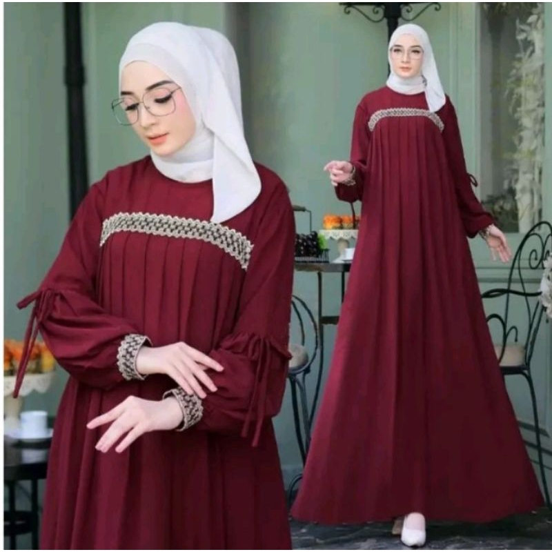 Medina dress Baju gamis wanita bahan cringcle air flow mix renda tangan balon all size