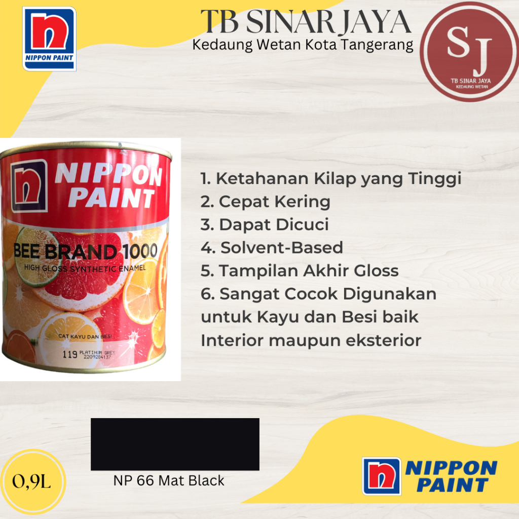 Cat Kayu Dan Besi BEE BRAND 1000 Nippon Paint 0.9L - NP 666 Mat Black