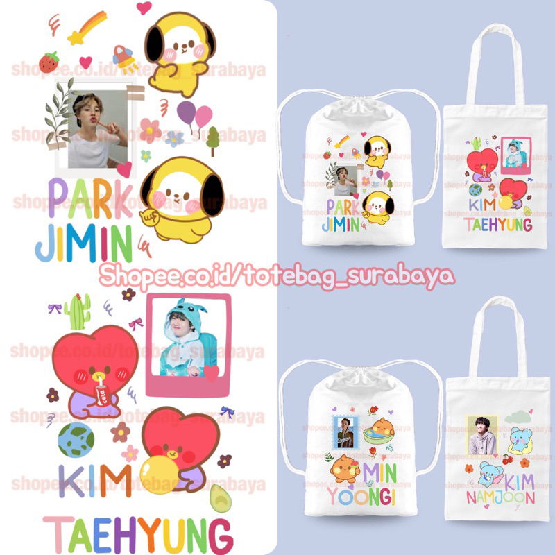 Tas Serut Kpop BTS String Bag Kanvas Totebag Tas Gendong Gambar Korea Tebal Premium Tote bag Lucu Korean Style Chibi Tas Kanvas Aesthetic Premium Tas Kekinian Totebag Cocok Sekolah kuliah Cute Cocok Pria Wanita