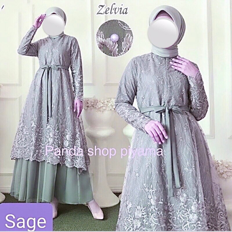 Dress brukat mix tile Sage green mewah Jumbo Mewah