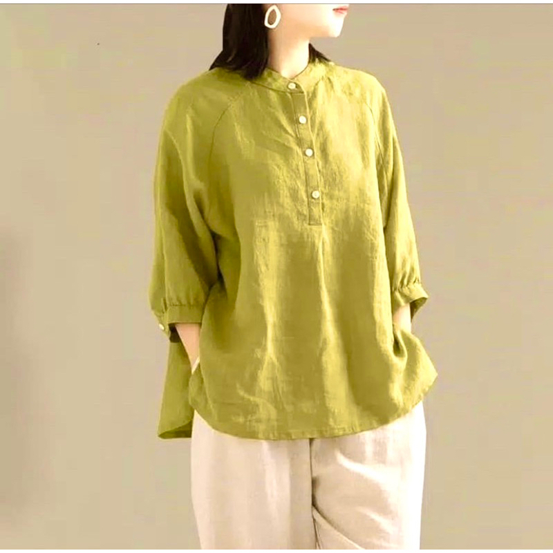 Kemeja Polos Linen Ceria Blouse Atasan Wanita Kerah Shanghai Lengan 3/4 Kancing Hidup