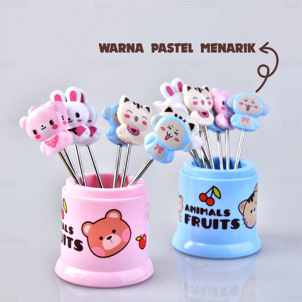 Set 8in1 Animals Fruit Fork Garpu Buah Mini Tusukan kue Dessert Bento Karakter Stainless Steel