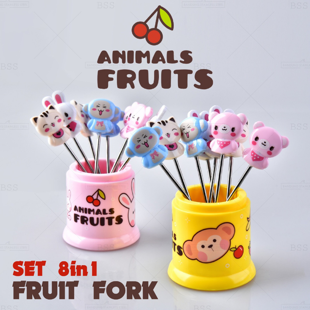 Set 8in1 Animals Fruit Fork Garpu Buah Mini Tusukan kue Dessert Bento Karakter Stainless Steel