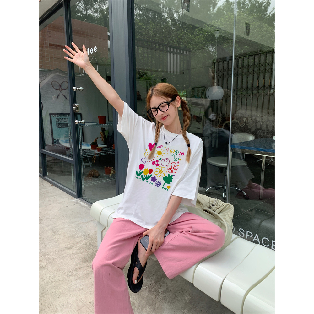 EUNII T-shirt Lengan Pendek Cartoon Color Painting Printing Korean Style/Kaos Atasan Wanita/Baju Wanita/Kaos Wanita