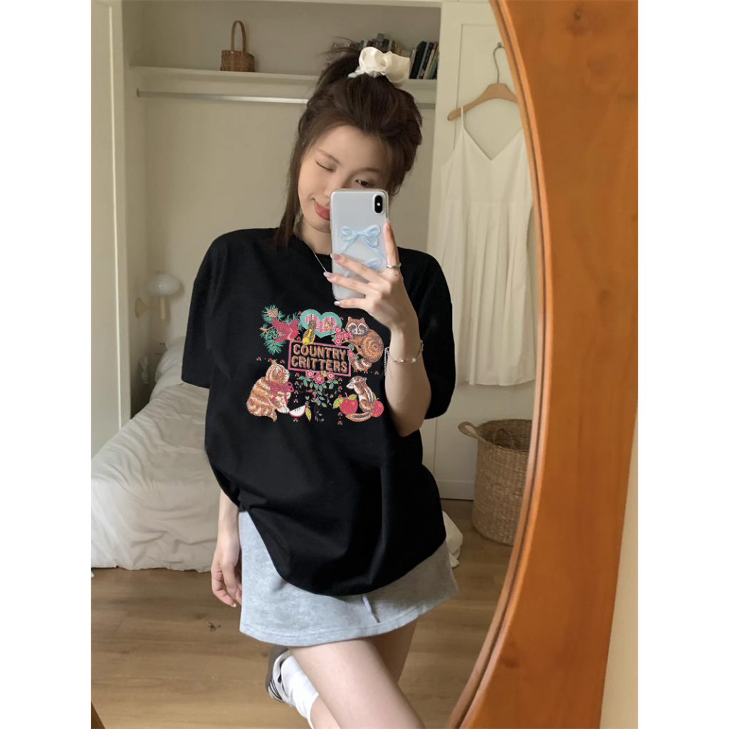 EUNII T-shirt Lengan Pendek Cartoon Cat Story Painting Printing Korean Style/Kaos Atasan Wanita/Baju Wanita/Kaos Wanita