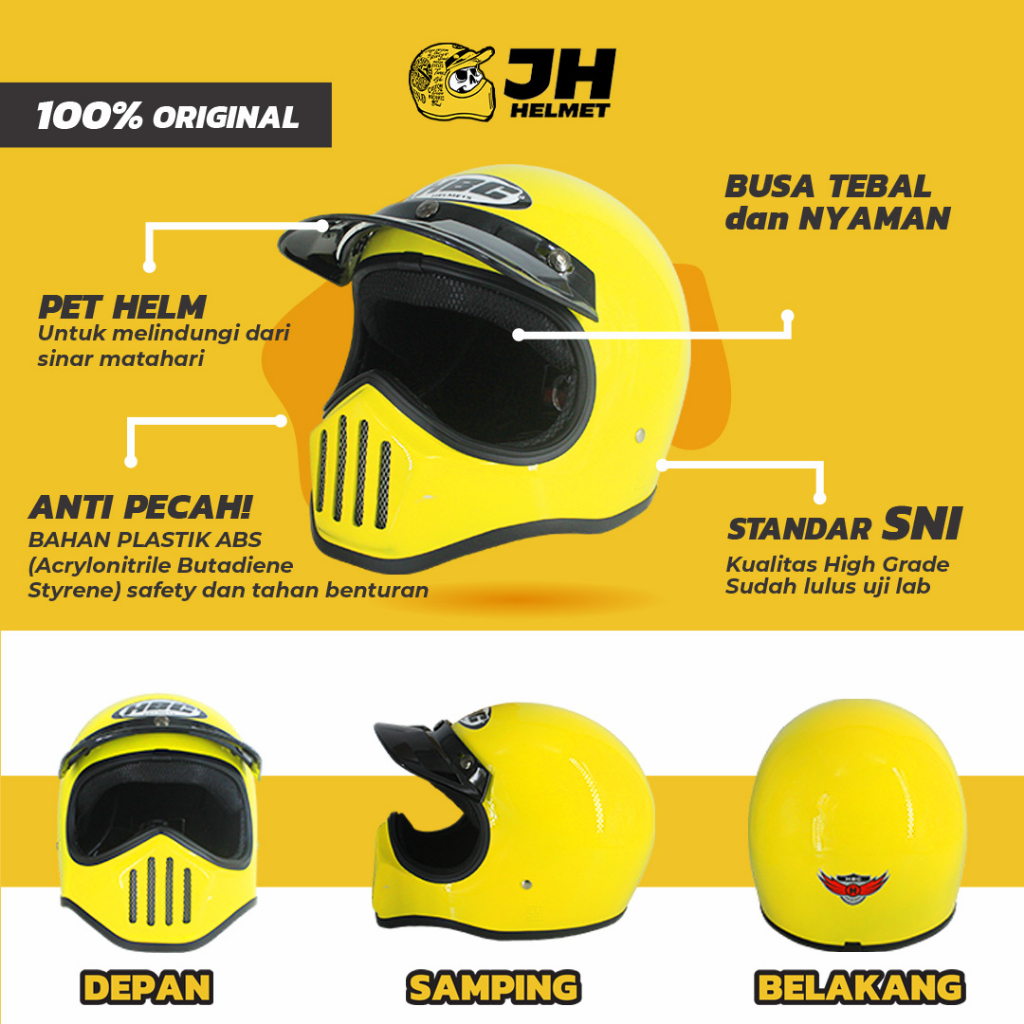 Helm Cakil HBC Polos Yellow Glossy + FREE GOGGLE | Retro Full Face | JUAL HELM