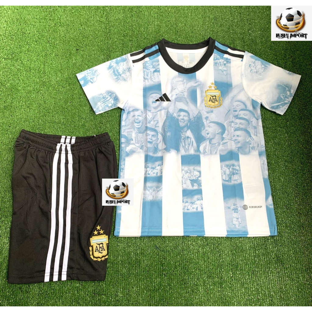 Setelan Jersey Baju Bola Anak Argentina Special Kids Juara Dunia 2022 Fullset Satu Set Grade Ori