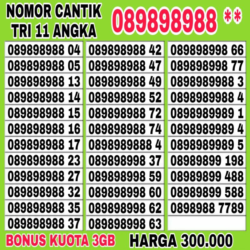 NOMOR CANTIK TRI SUPER KARTU PERDANA 4G 089898988 xx