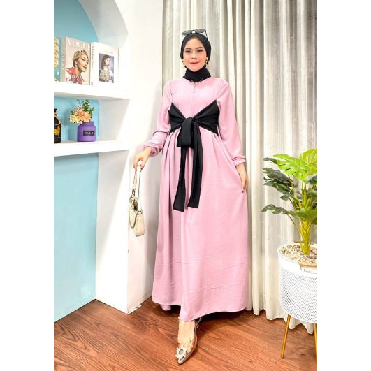 Gamis Dress Wanita Lesty Maxi Jumbo Kekinian Bahan Crinkle Airflow Tali Silang Busui Ld 110 Viral Terbaru