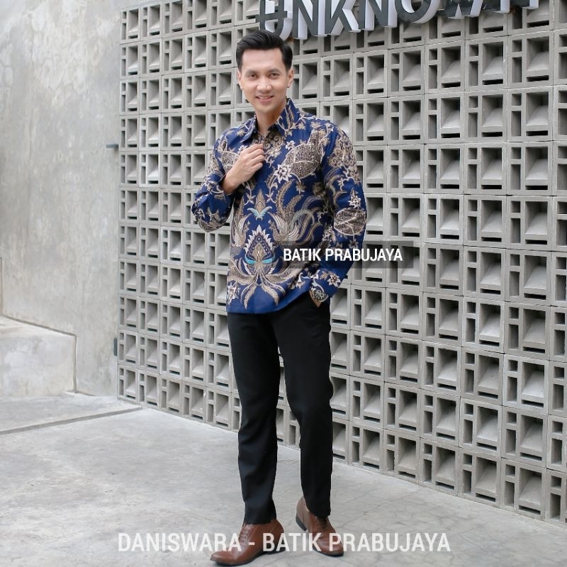 DANISWARA Kemeja Batik Pria Lengan Panjang Modern Premium Biru Navy Full Furing Halus Kondangan Kerja