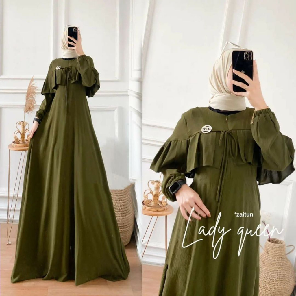 Vaza store Gamis Terbaru Lady Queen Dress Muslim Kekinian Bahan Cringkle Warna Sage Green Hitam Zait