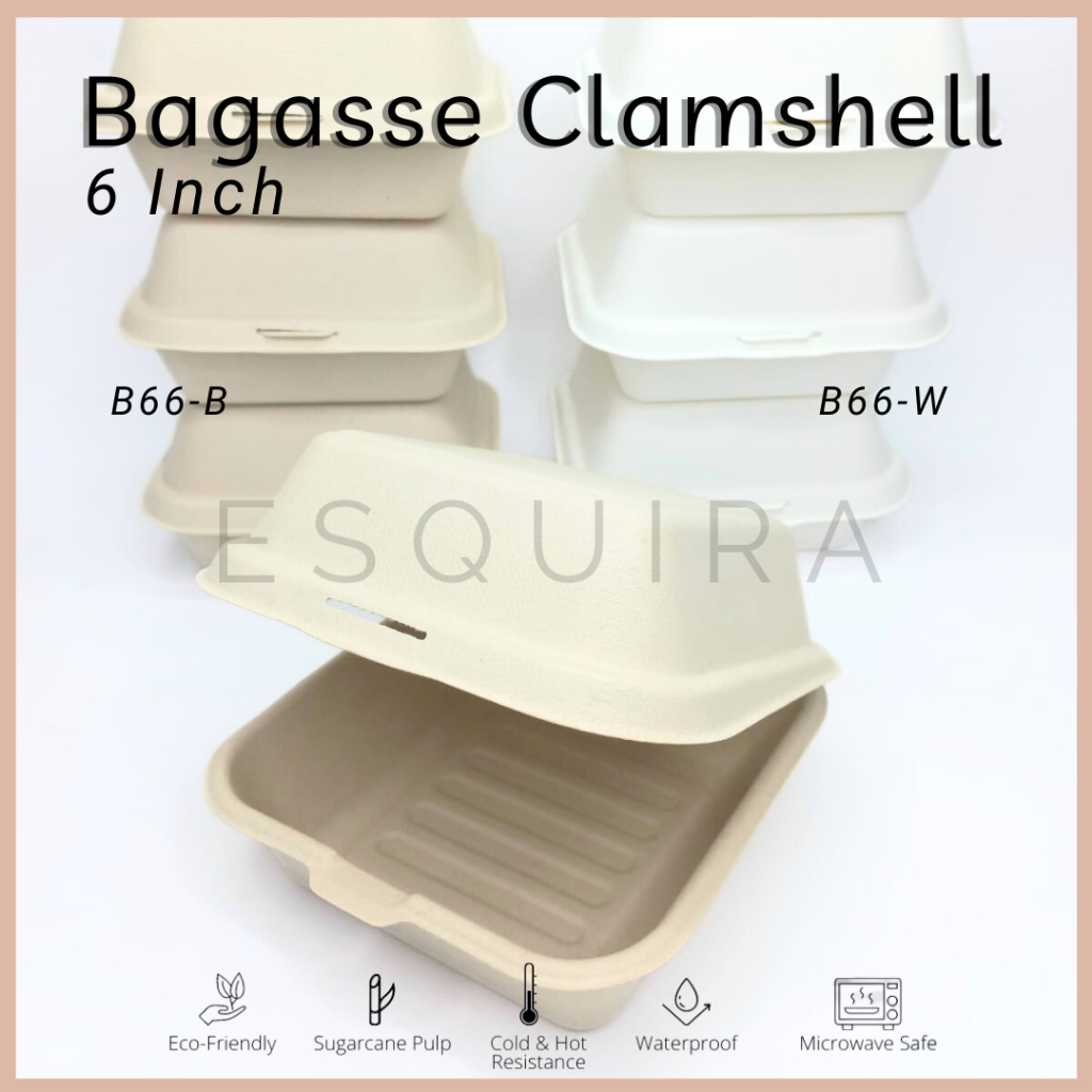 Sugarcane Bagasse Burger Box 6 Inch / Korean Cake Box 450 ML / Lunch Box / 25 Pcs / B66-B / B66-W