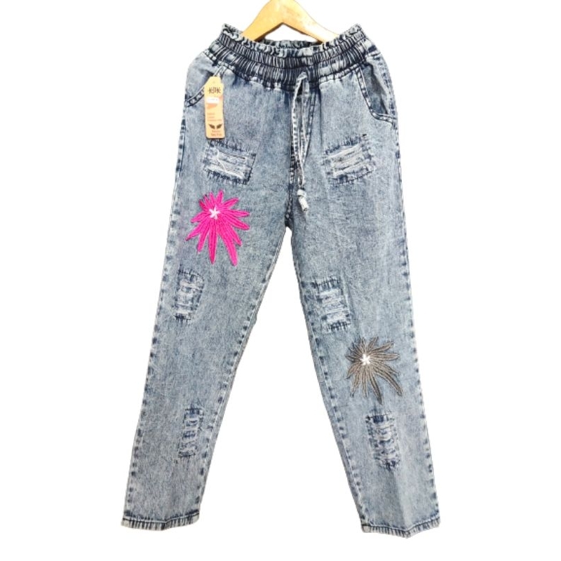 BAGGY JEANS//CELANA PANJANG ANAK PEREMPUAN VARIASI BORDIR CEMPAKA USIA 6-12TAHUN