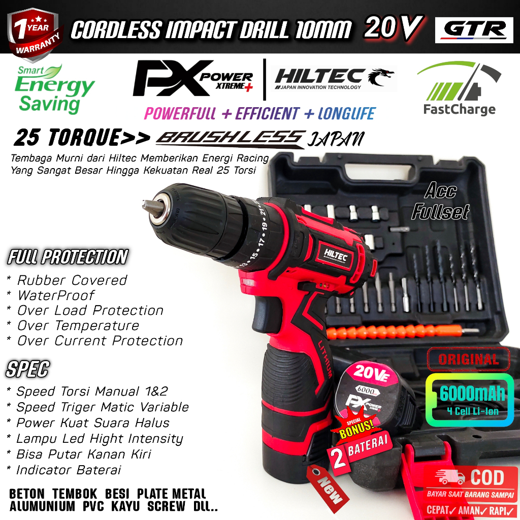 Mesin Bor baterai 20V Cordless uchiha cas impact drill beton besi kayu setara bosch