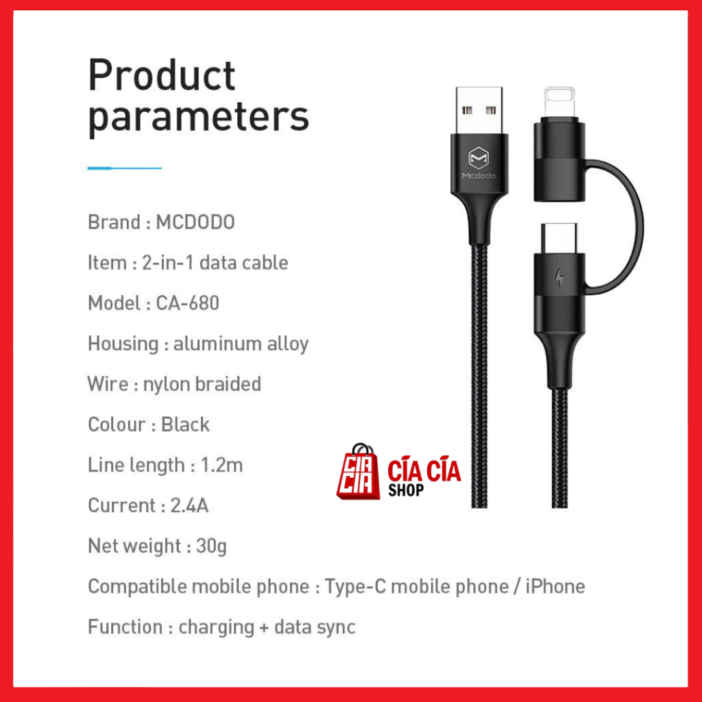 MCDODO CA-6800 Kabel Charger Usb To Type C + Lightning Cable 2 In 1 Led QC 4.0 Fast Charging 3A Kabel USB Lightning + Type C