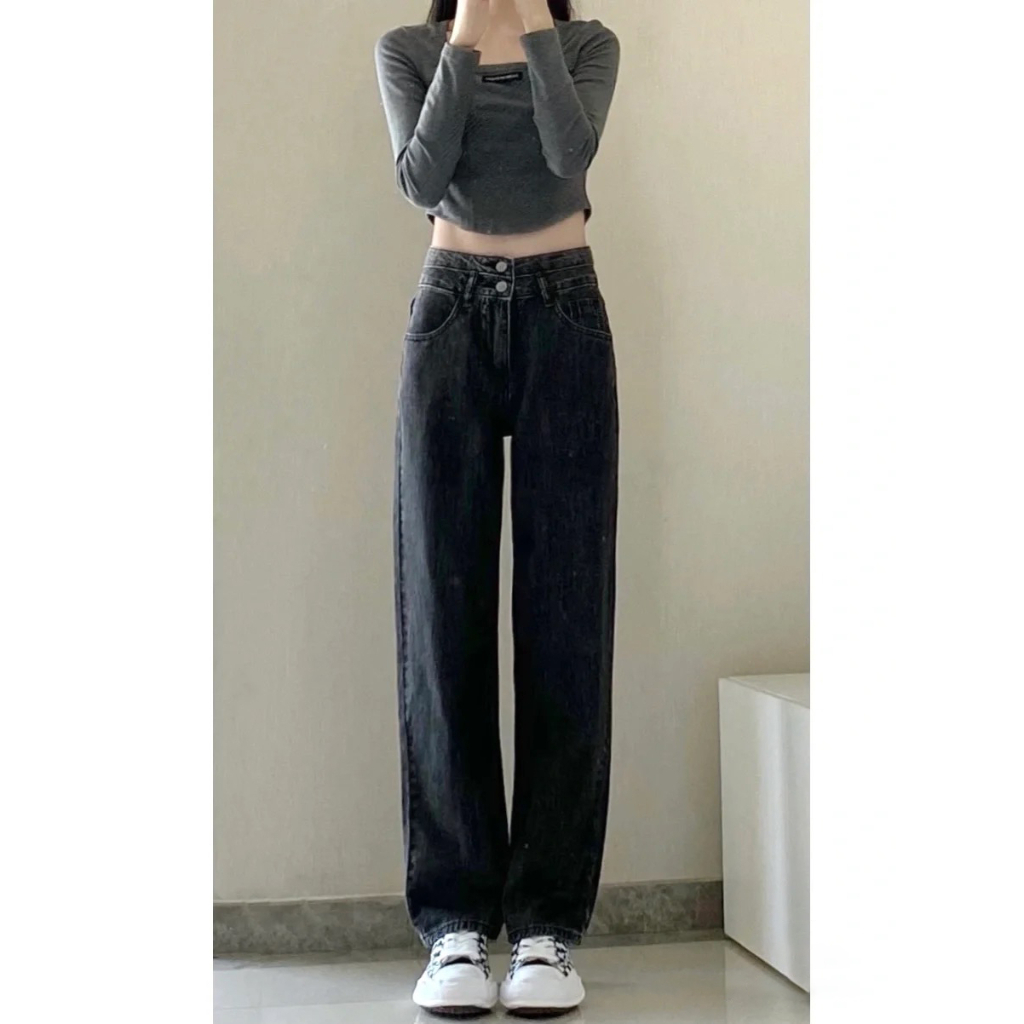 Hitam Highwaist Loose Kulot Celana Jeans Wanita Kasual Import