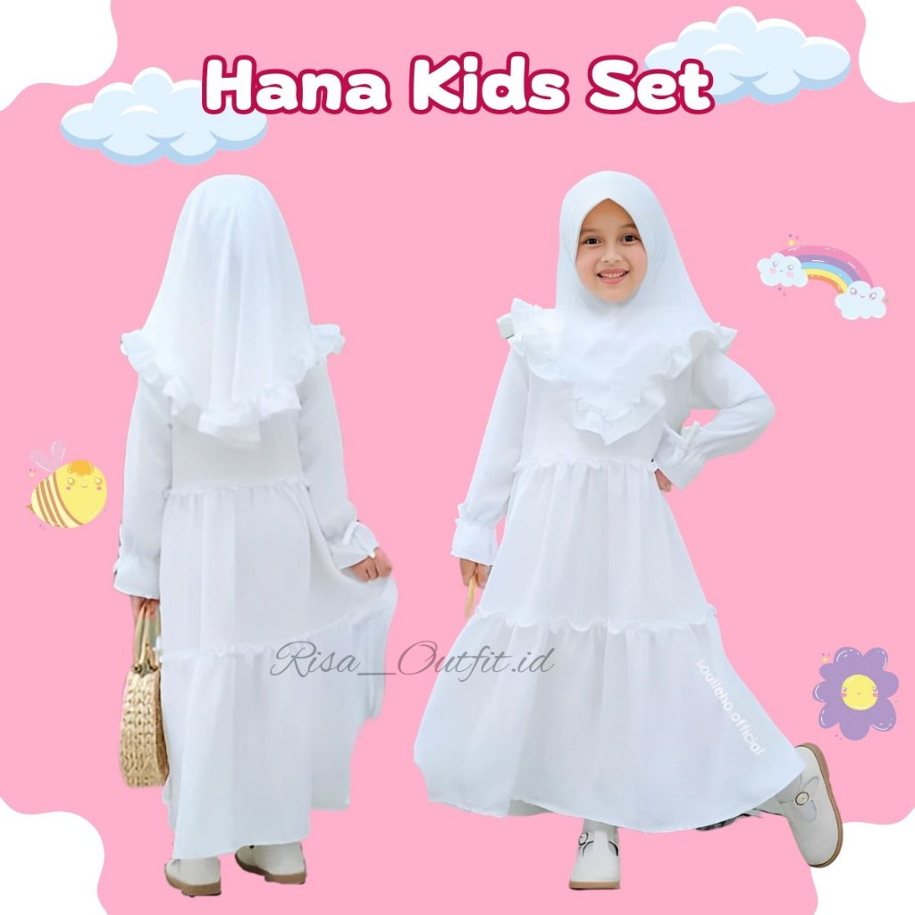 Gamis Muslim Anak Perempuan - Gamis Putih Manasik Haji - Gamis Anak Warna Putih - Gamis Anak Set Jilbab - Hana Kids Set