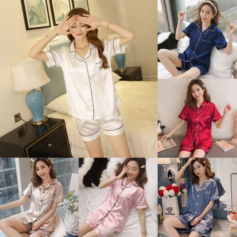 Ready Stock!!! UNISEX Baju Tidur Piyama Set Bahan Satin POLOS Lengan Pendek Celana Pendek / Piyama Import / Super High Quality / Baju Tidur Import / Baju Tidur Murah / Piyama Set / Baju Tidur Set 02