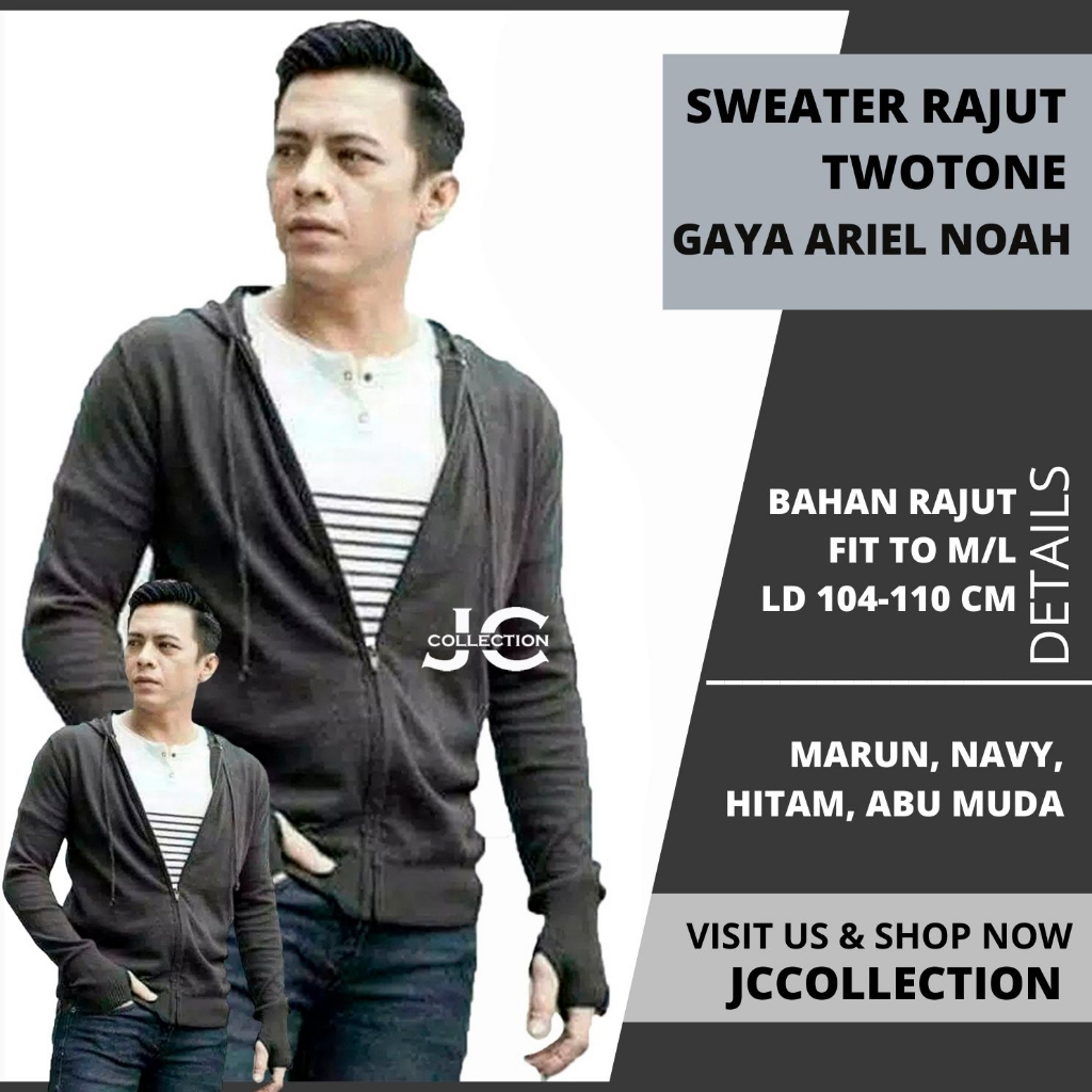 Jaket Hoodie Twotone Pria Jempol Arriell Twist Knitting Outer Jacket Sweater Roundhand