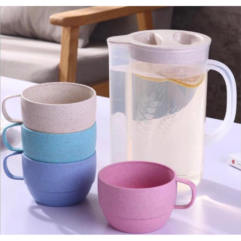 Mug Box Teko Gelas Jerami Set 5 in 1 Warna Pastel Free Food Grade | Mug Cangkir Kopi Teh