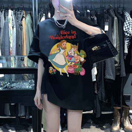Kemeja oversize wanita lengan pendek heart graffiti print Alice In Wonderland T-shirt import kaos wanita korean style premium kaos hitam ootd