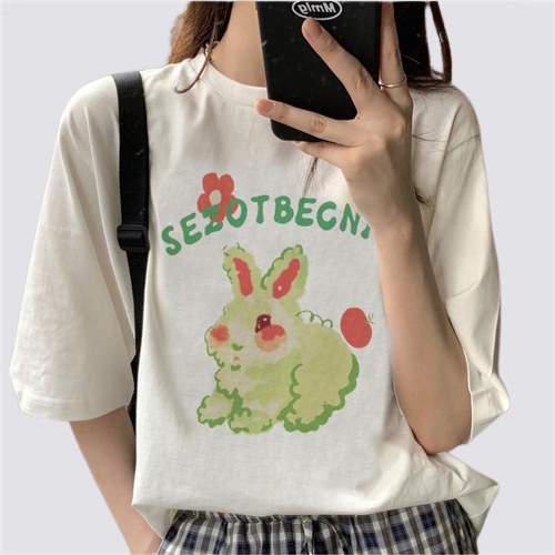 XiaoZhaiNv Kaos Atasan Wanita Green Bunny Pattern Lengan Pendek A0787