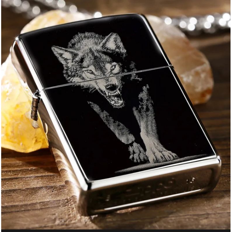 korek api Zippo black ice glossy motif serigala premium