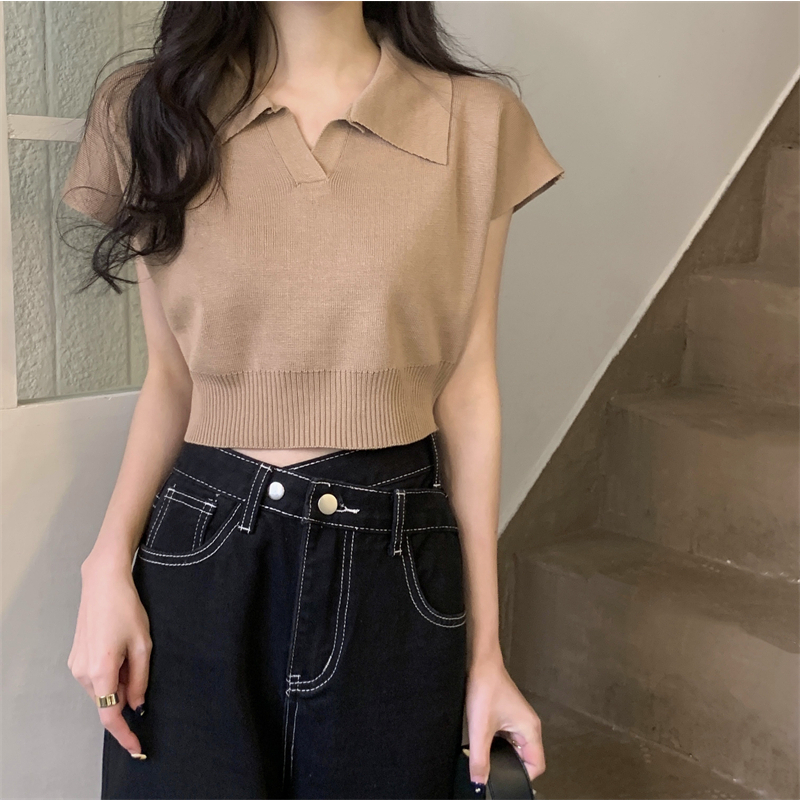 kaos rajut lengan pendek wanita knit polo T-shirt Crop Top V-nack Atasan