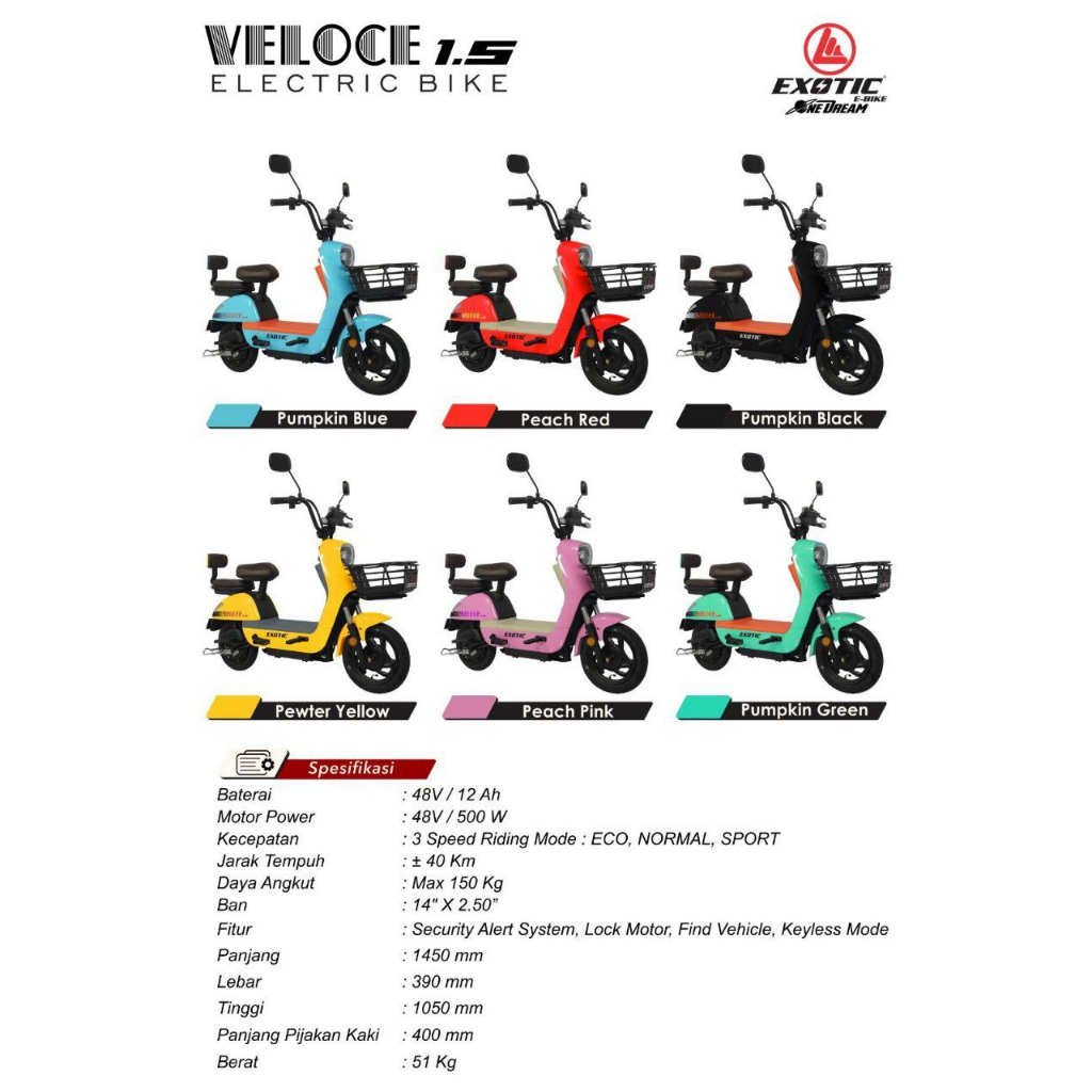 Sepeda Listrik Exotic Veloce 1.5 &amp; Veloce 1.6 500 Watt Electric E Bike 48V/12 Ah