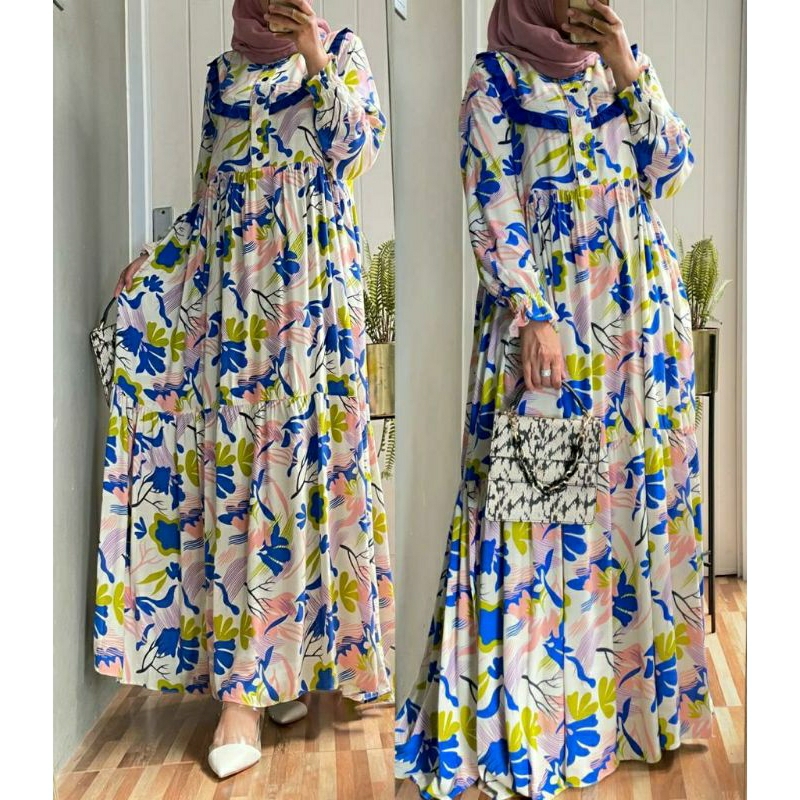 Maudy Maxy, GAMIS MOTIF BUNGA KANCING BUSUI BAHAN RAYON VISCOSE PREMIUM CANTIK MODIS FIT XL LD 106 TERMURAH TERLARIS OOTD KEKINIAN