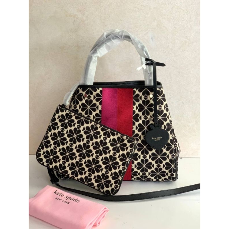 Tas KS Kate Spade Flower Jacquard Stripe Everything Medium Tote Pink Cream Original