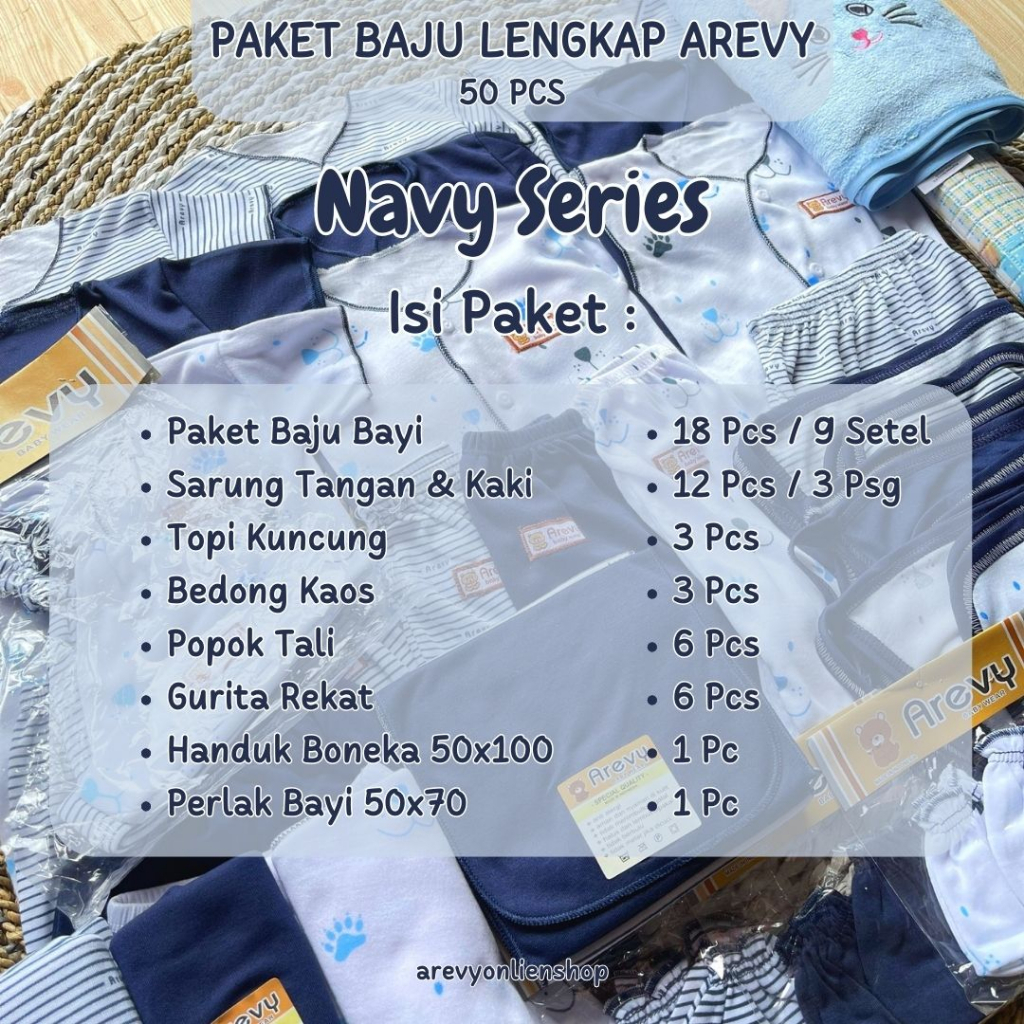 Arevy Babywear Paket Baju Bayi 50 Pcs Seri Navy Paket Hemat Super Lengkap Murah Berkualitas Komplit Perlengkapan Baby Newborn 0-3 Bulan