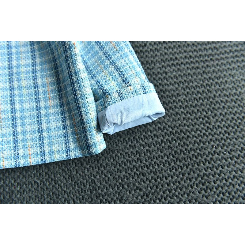 Setelan Anak Perempuan Rok Tweed Woll Motif  Kotak Biru Pocket Off Button