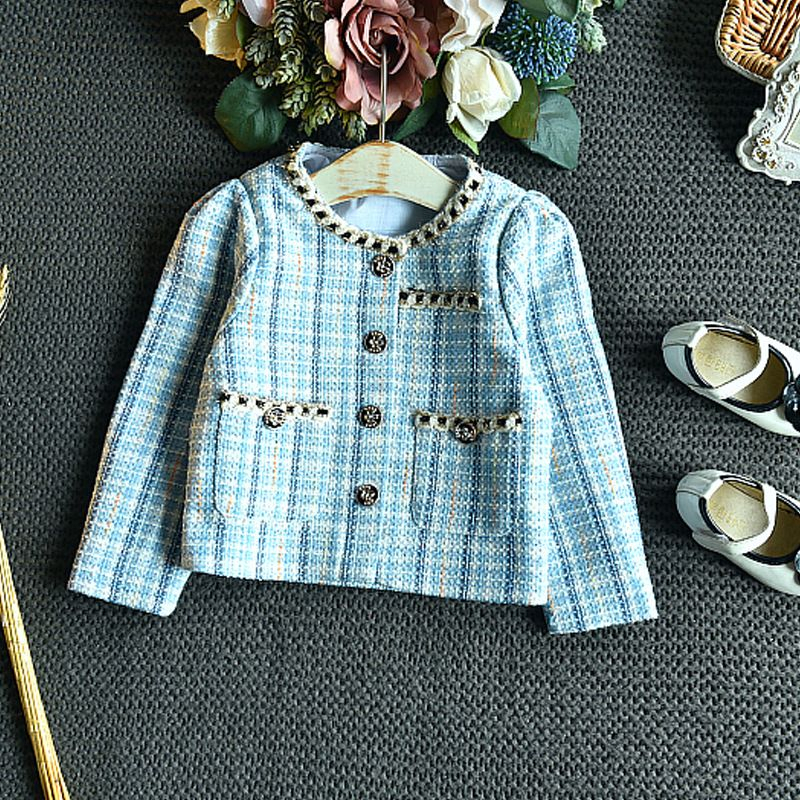 Setelan Anak Perempuan Rok Tweed Woll Motif  Kotak Biru Pocket Off Button