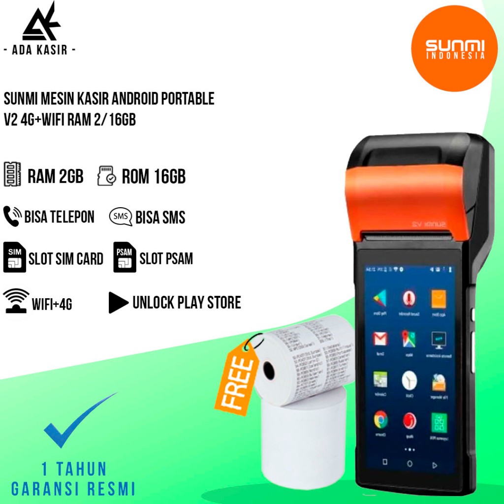 Mesin Kasir Android SUNMI V2 4G+WIFI 2+16GB Bisa Play Store