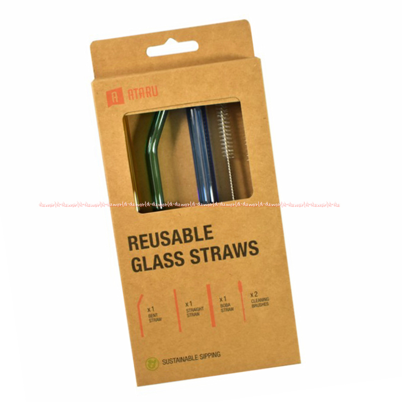 Ataru Reusable Glass Straws Sedotan Kaca Dengan Sikat Pembersih 5pcs Food Grade Sedotan Tekuk Lurus Boba Straw