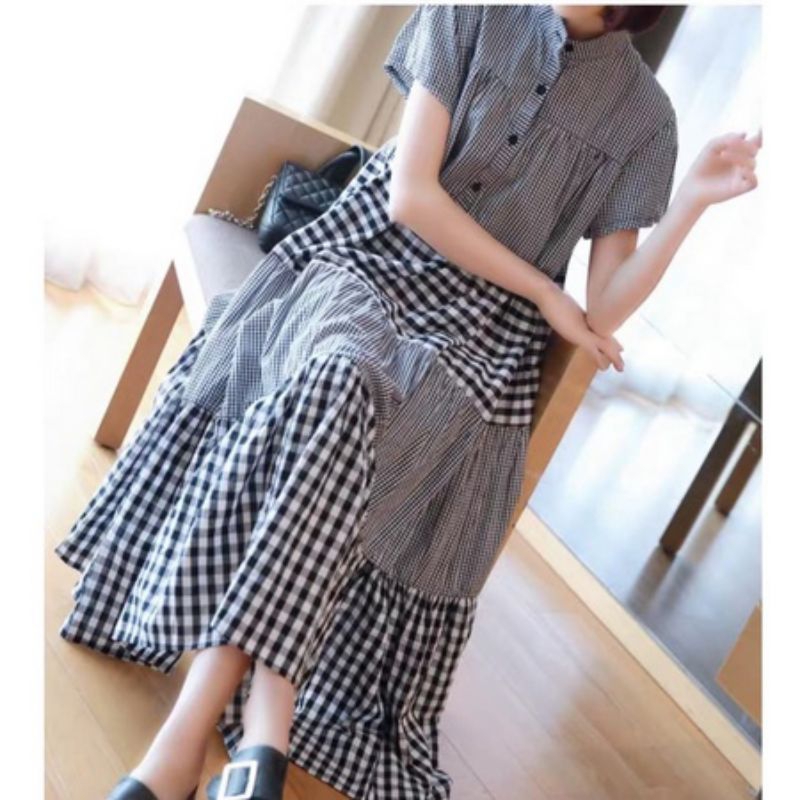 88610 Baju mididress midi dress gaun busui kotak kotak kecil biru lengan pendek ala dres Korea Korea