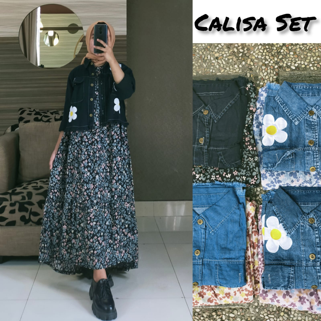 CALISA SET INER RAYON BUNGA OUTER JEANS BORDIR BUNGA/MIDI DRESS BUNGA KECIL RAYON