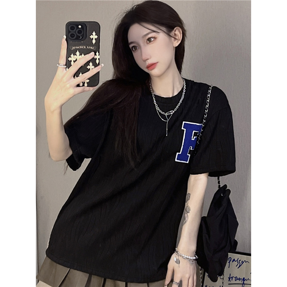 EUNII Korean Style T-shirt Wanita  Lengan Pendek Vintage Bordir Oversize Atasan Wanita