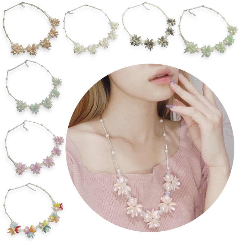 Dove Matte Cassandra Flowery Pearl Necklace Kalung Panjang Hijab Bunga Mutiara Dop Flower