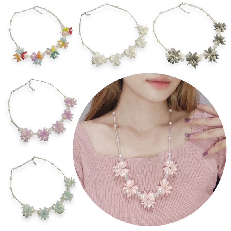 Dove Matte Cassandra Flowery Pearl Necklace Kalung Panjang Hijab Bunga Mutiara Dop Flower