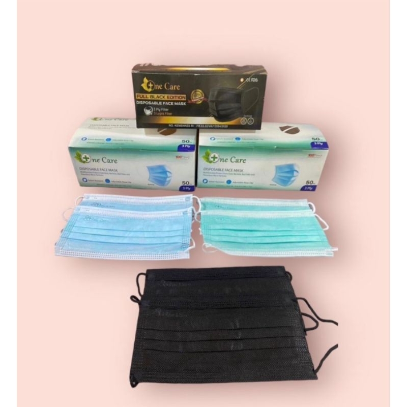 Masker 3 Ply One Care Warna Biru Hijau Hitam Isi 50 Pcs Earloop