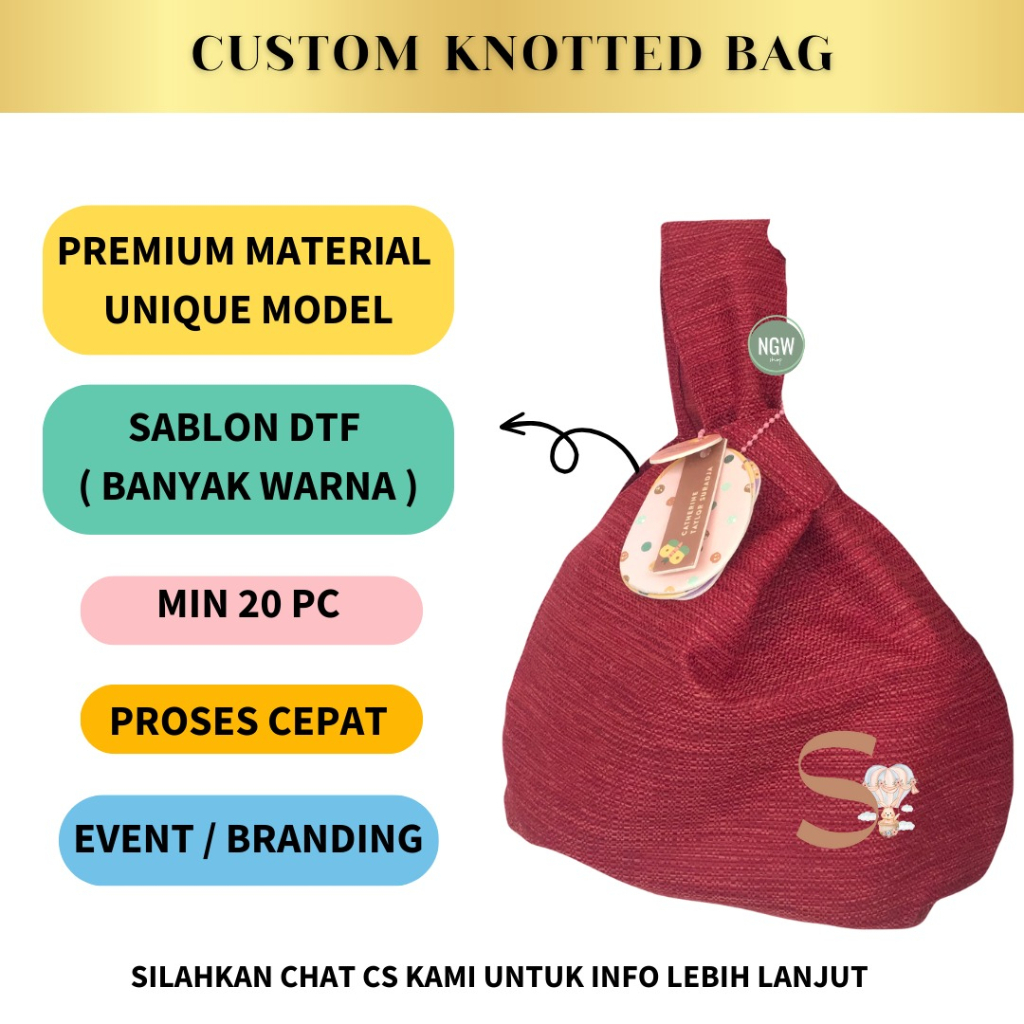 JOY KNOTTED BAG  CUSTOM SABLON DTF souvenir gift tas hampers ulang tahun event min 20pc