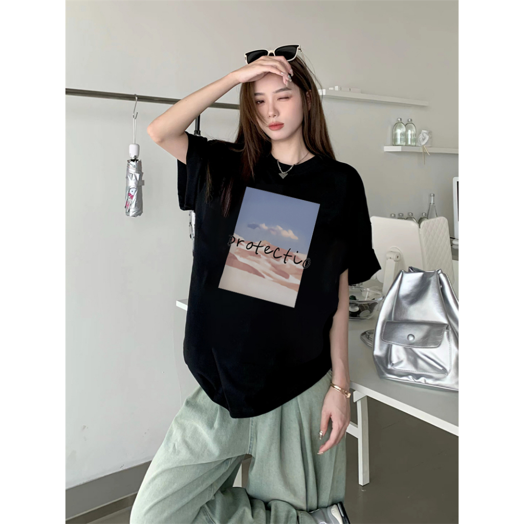 EUNII T-shirt Lengan Pendek Retro Sunset Scene Painting Printing Korean Style/Kaos Atasan Wanita/Baju Wanita/Kaos Wanita